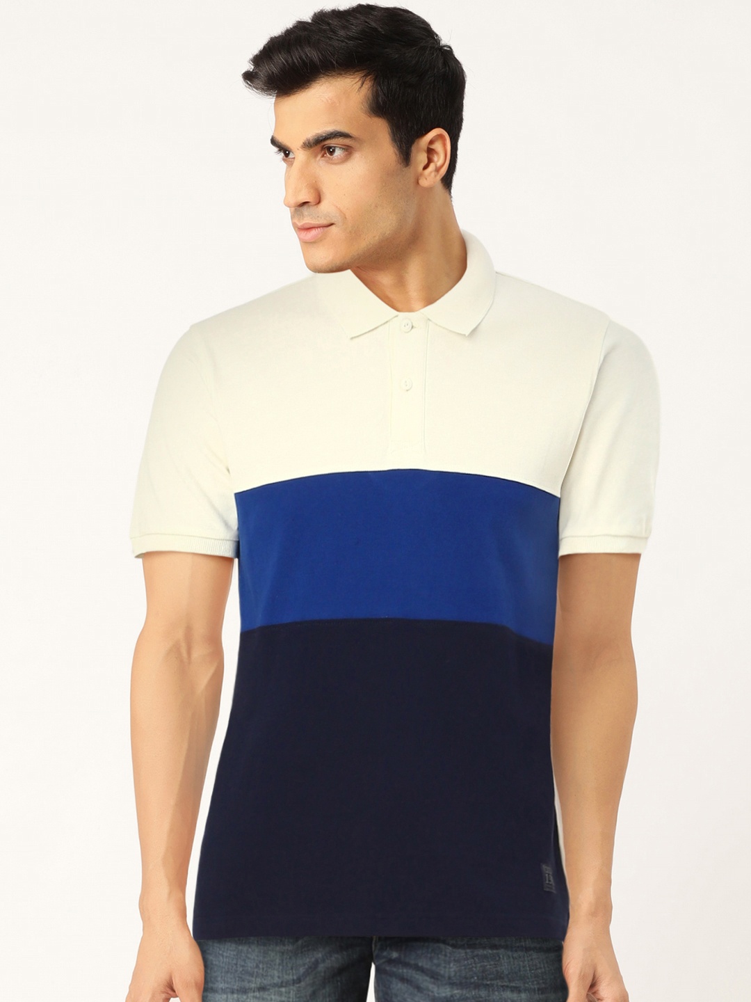 

Flying Machine Men White Blue Colourblocked Polo Collar Pure Cotton T-shirt