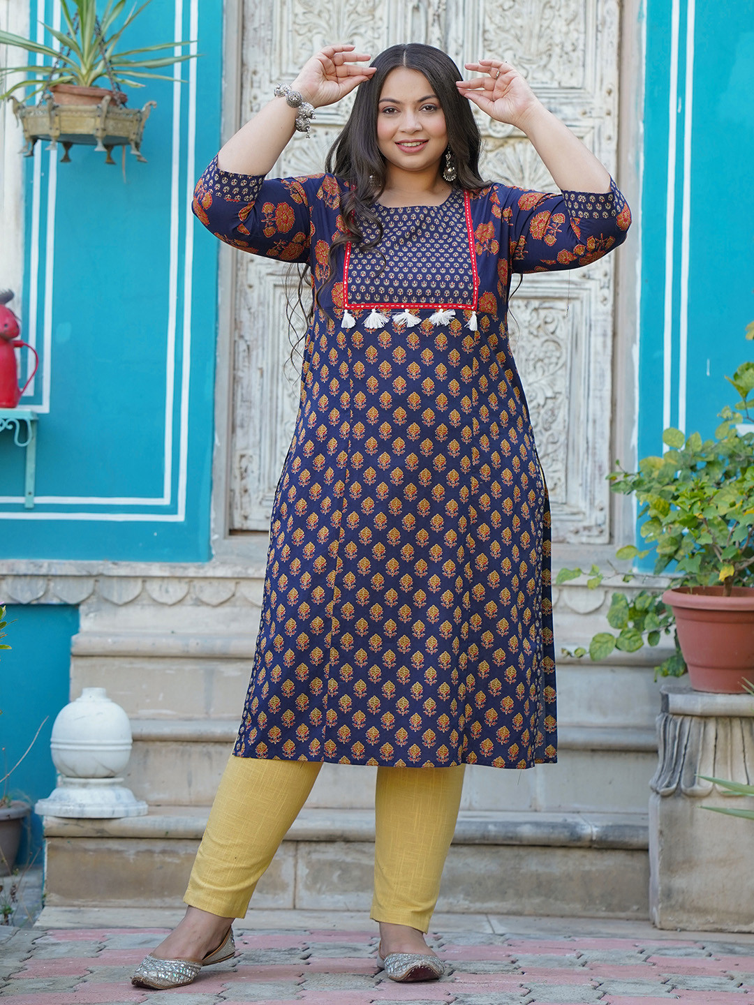 

Jaipur Kurti Ethnic Print Straight Cotton Kurtas, Navy blue