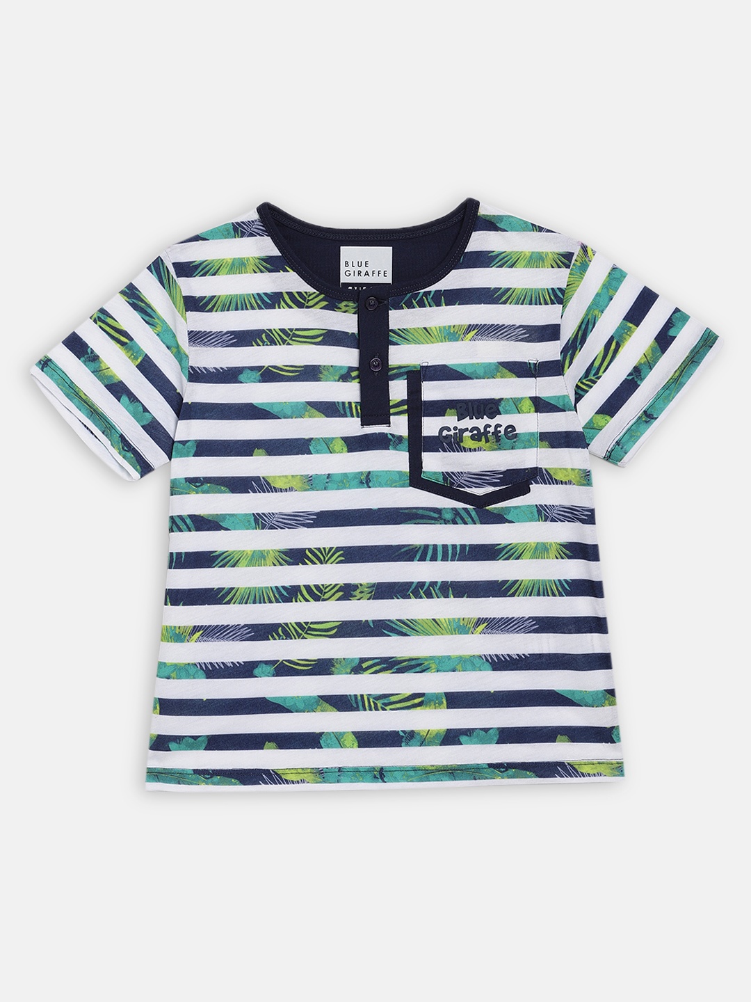 Blue Giraffe Boys White Striped Henley Neck T-shirt