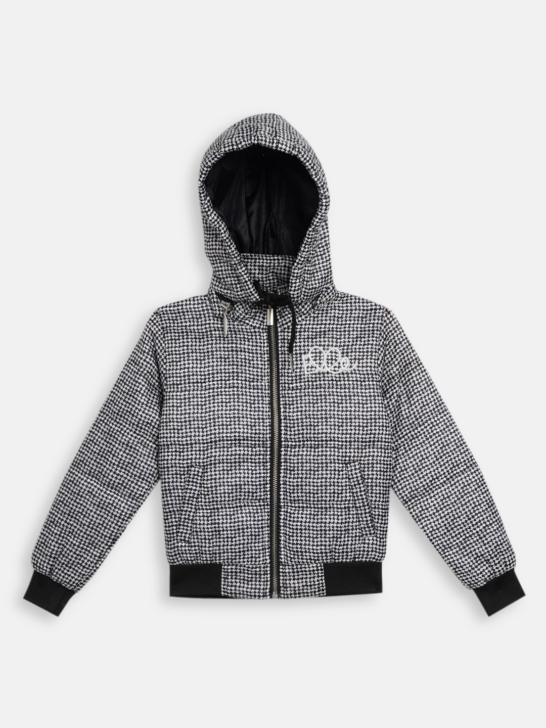 

ELLE Girls Grey Melange Checked Padded Jacket with Detachable Hood