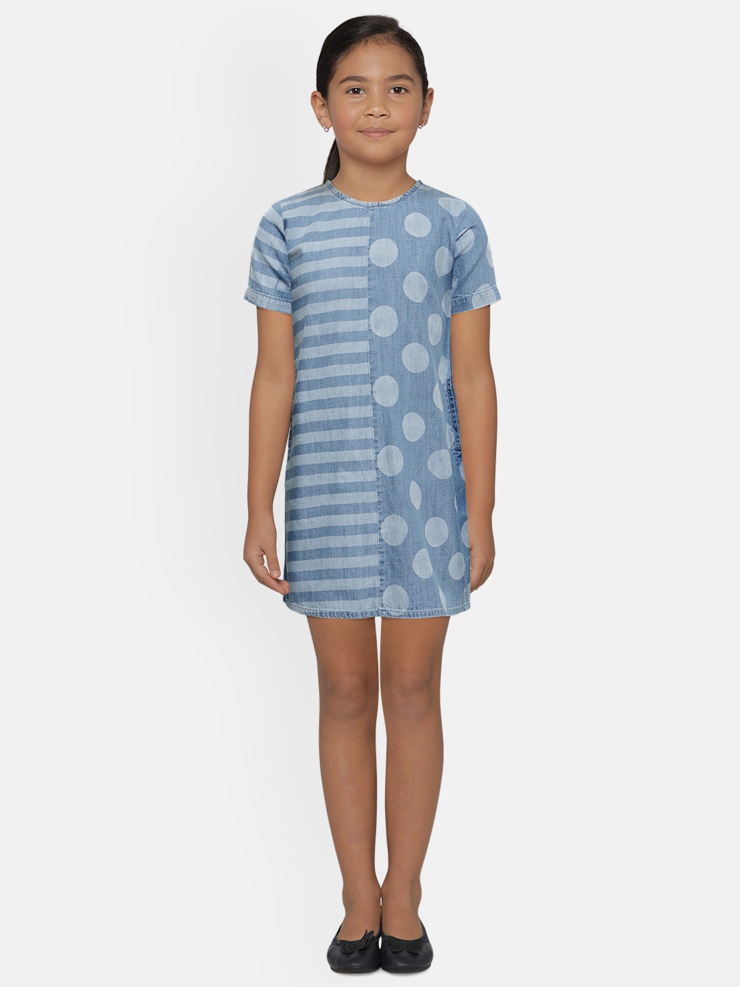 

Pepe Jeans Girls Blue Printed JACEY SS IP Denim Pure Cotton A-Line Dress