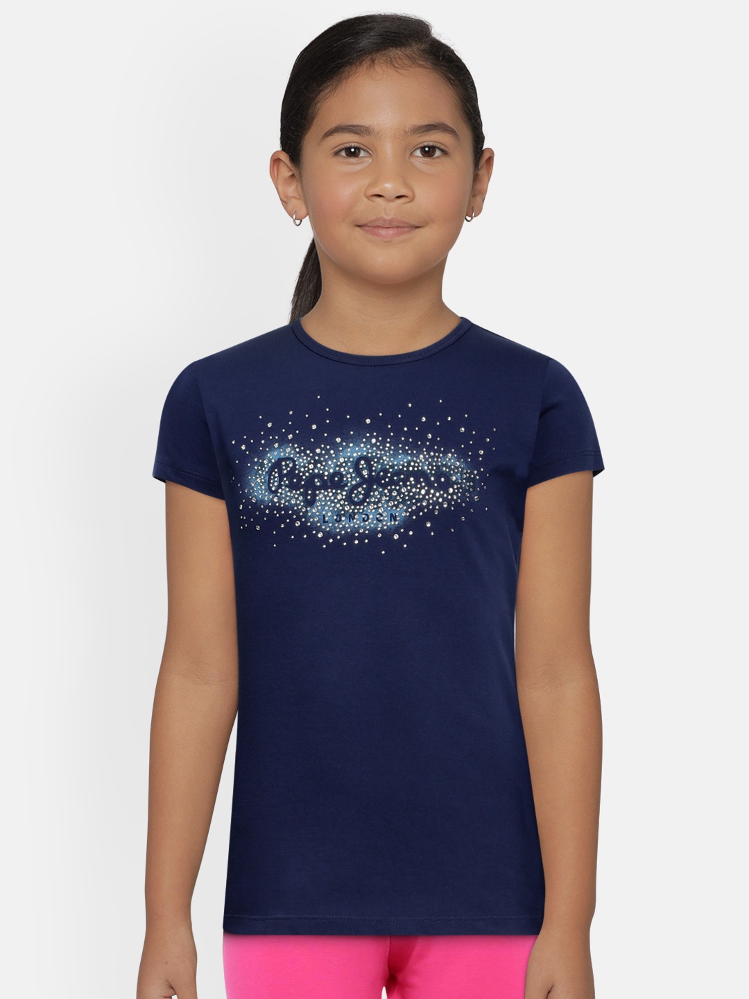 

Pepe Jeans Girls Navy Blue Printed Round Neck Pure Cotton T-shirt