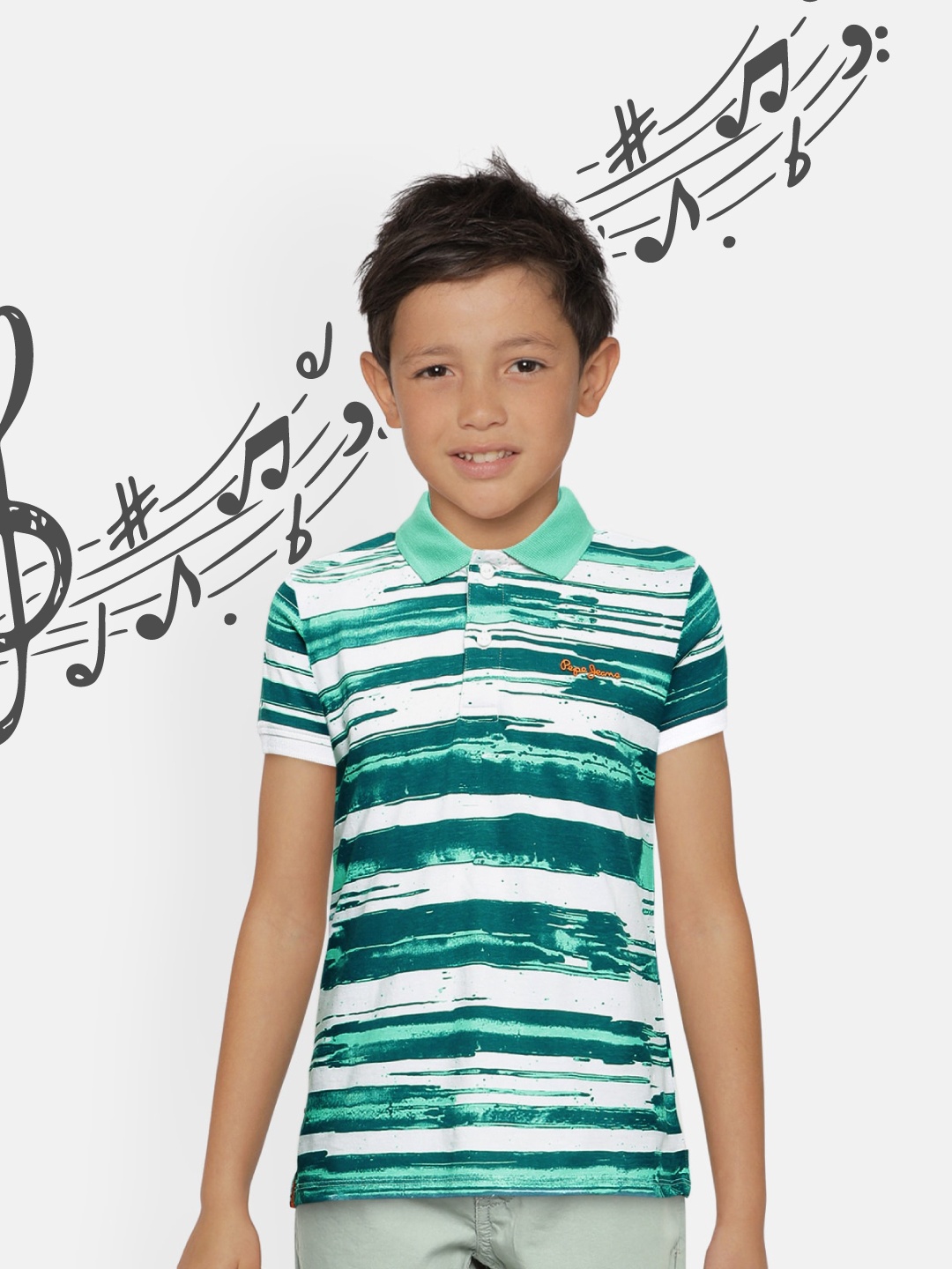 

Pepe Jeans Boys Sea Green Striped Cotton Polo Collar T-shirt