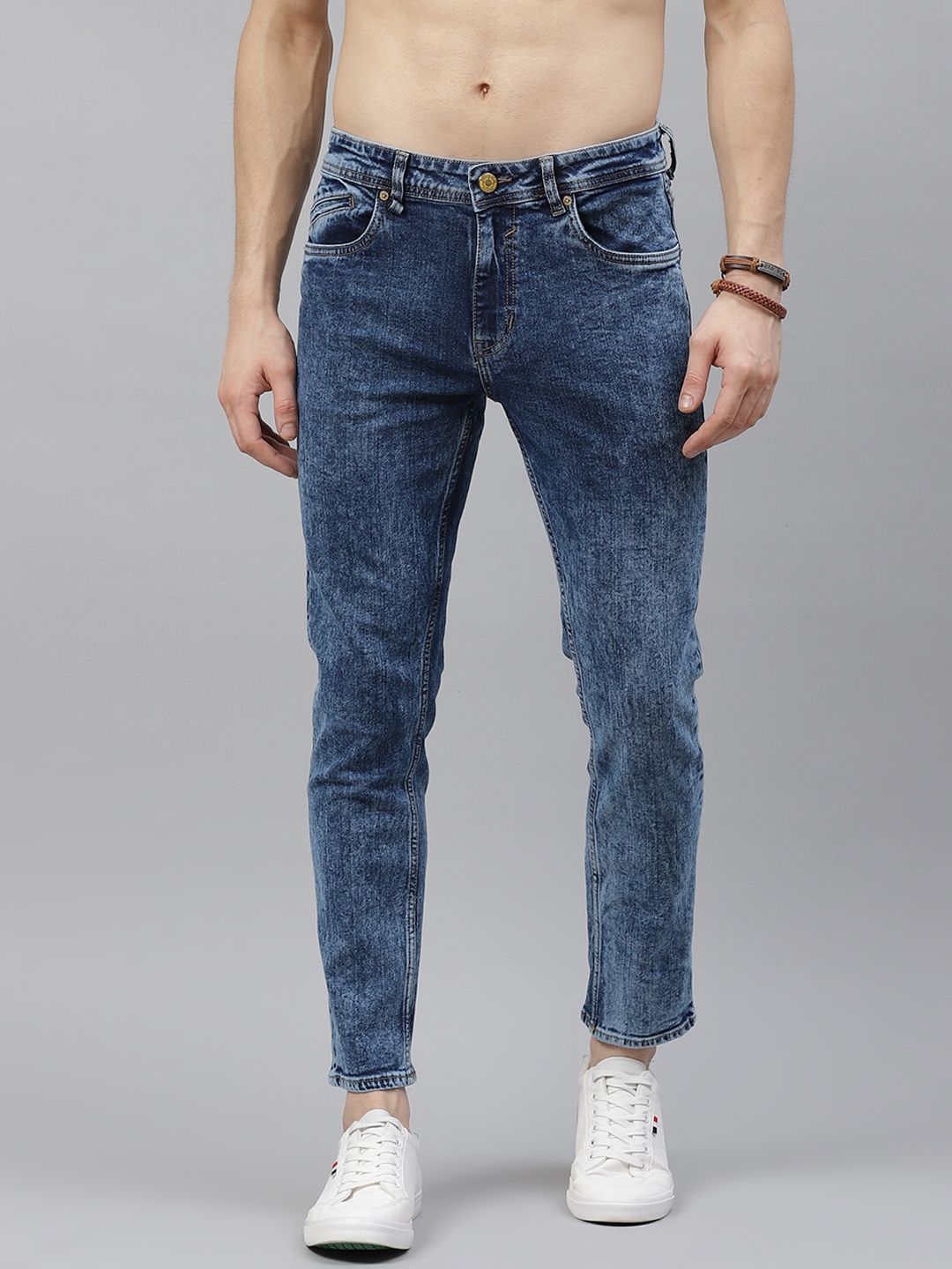 

The Roadster Lifestyle Co Men Blue Skinny Fit Heavy Fade Stretchable Cropped Jeans