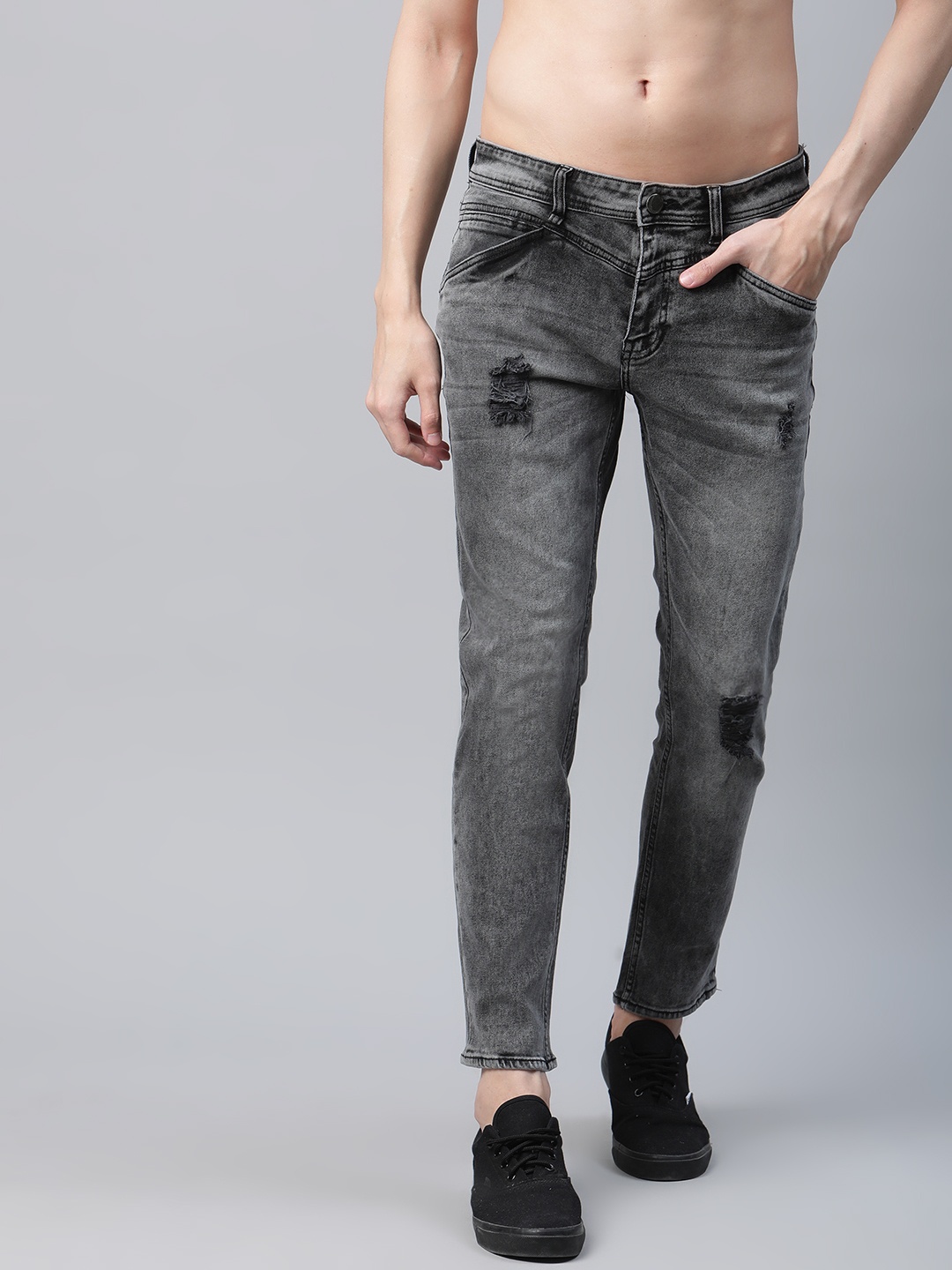 

The Roadster Lifestyle Co Men Charcoal Grey Slim Fit Low Distress Light Fade Stretchable Jeans