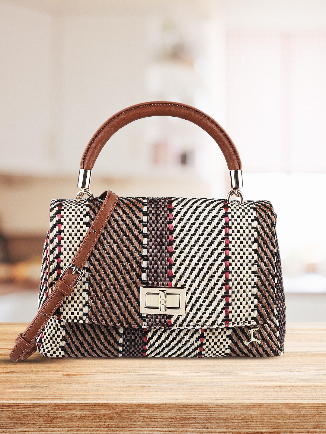 

Mochi Brown Self Design Handheld Bag