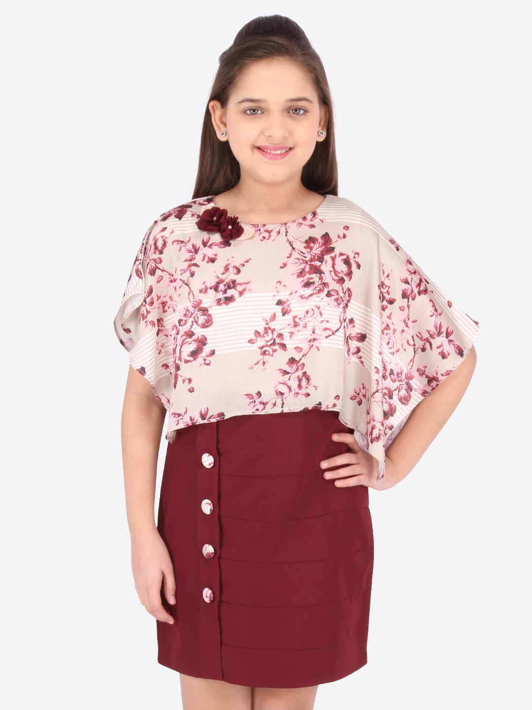 

CUTECUMBER Girls Pink & Marron Printed Sheath Dress