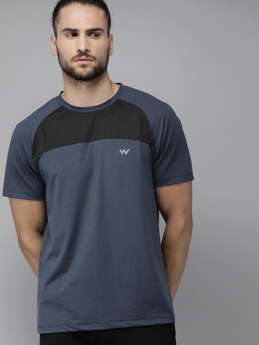 

Wildcraft Men Navy Blue & Black Colourblocked Active Crew 2 Round Neck T-shirt