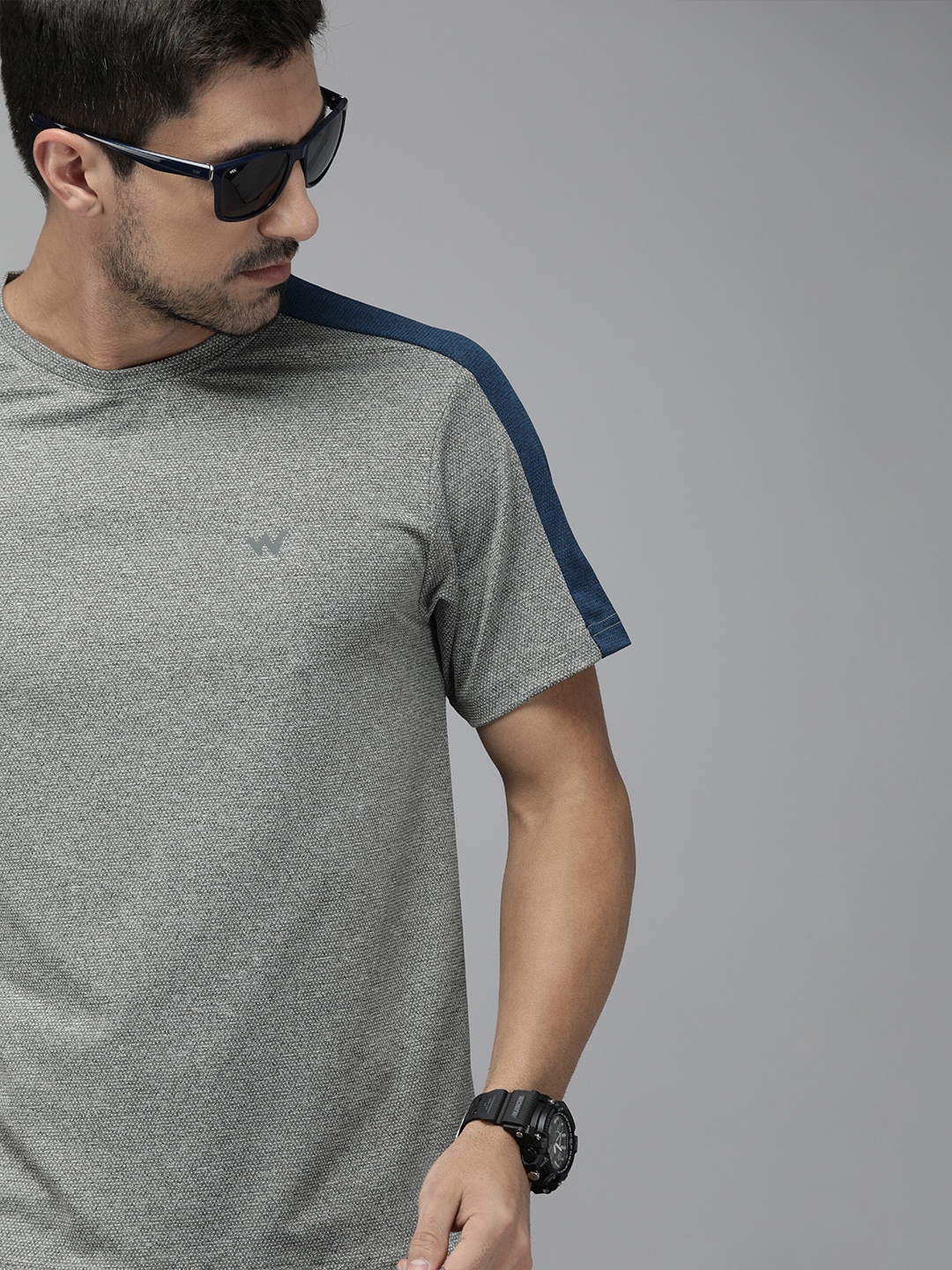

Wildcraft Men Grey Melange Self Design Round Neck T-shirt with Side Stripes