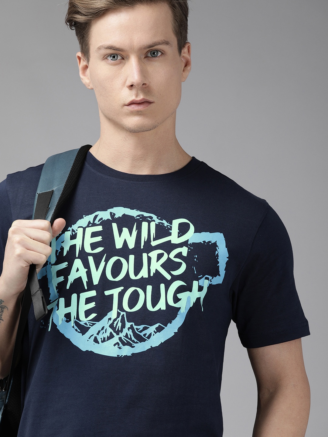 

Wildcraft Men Navy Blue Printed Round Neck Pure Cotton T-shirt