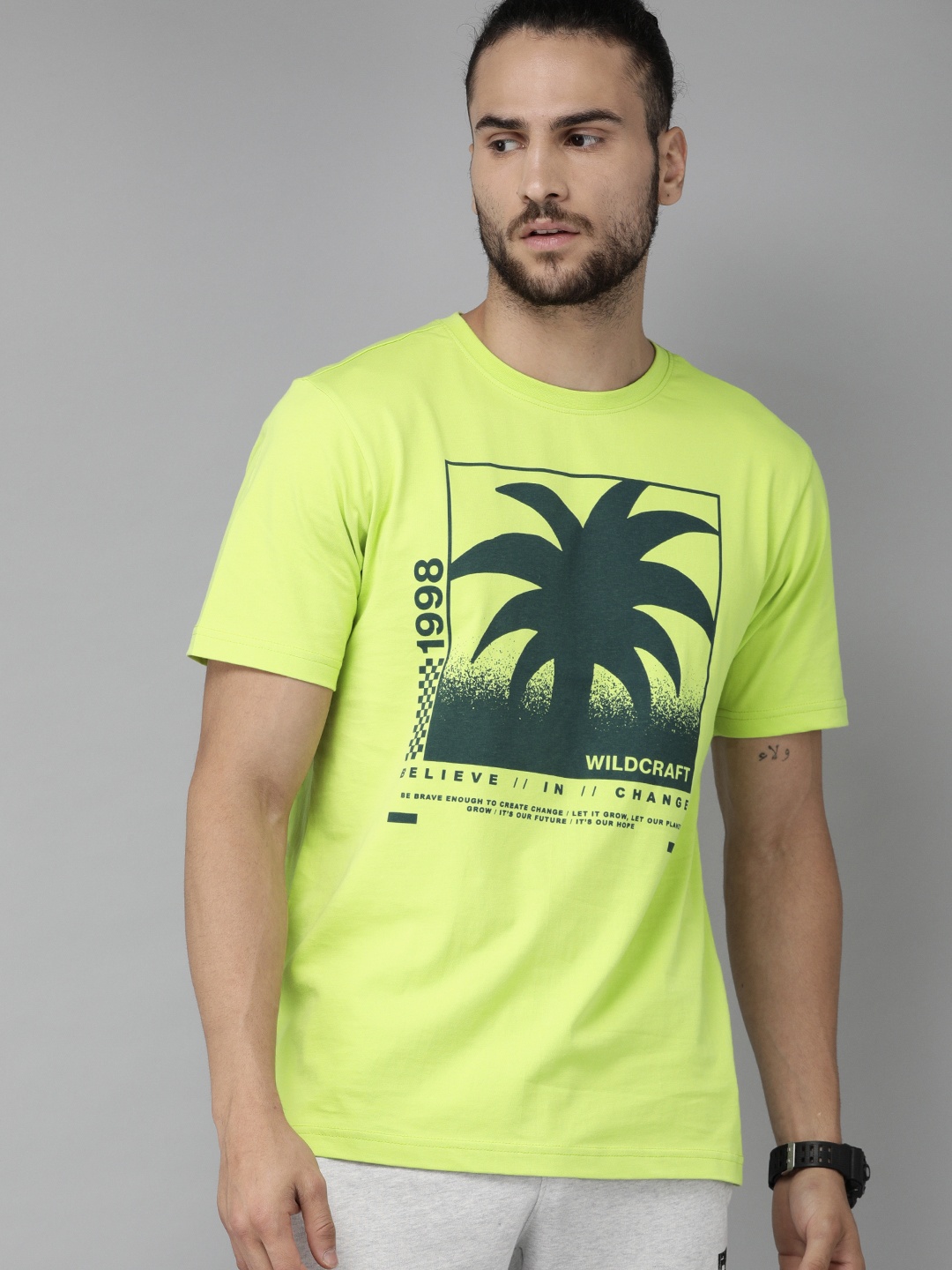 

Wildcraft Men Lime Green Printed Round Neck Pure Cotton T-shirt