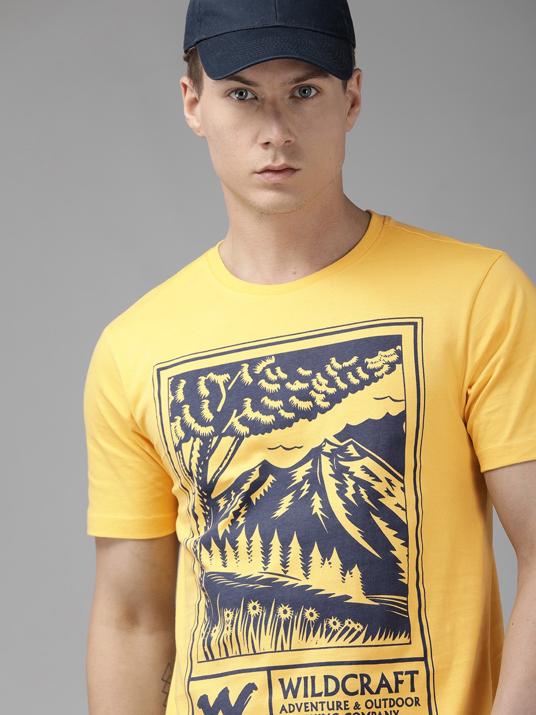 

Wildcraft Men Yellow Black Printed Round Neck Pure Cotton T-shirt
