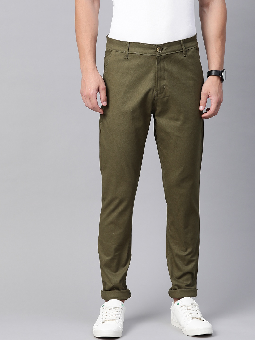 

Hubberholme Men Olive Green Slim Fit Solid Regular Trousers