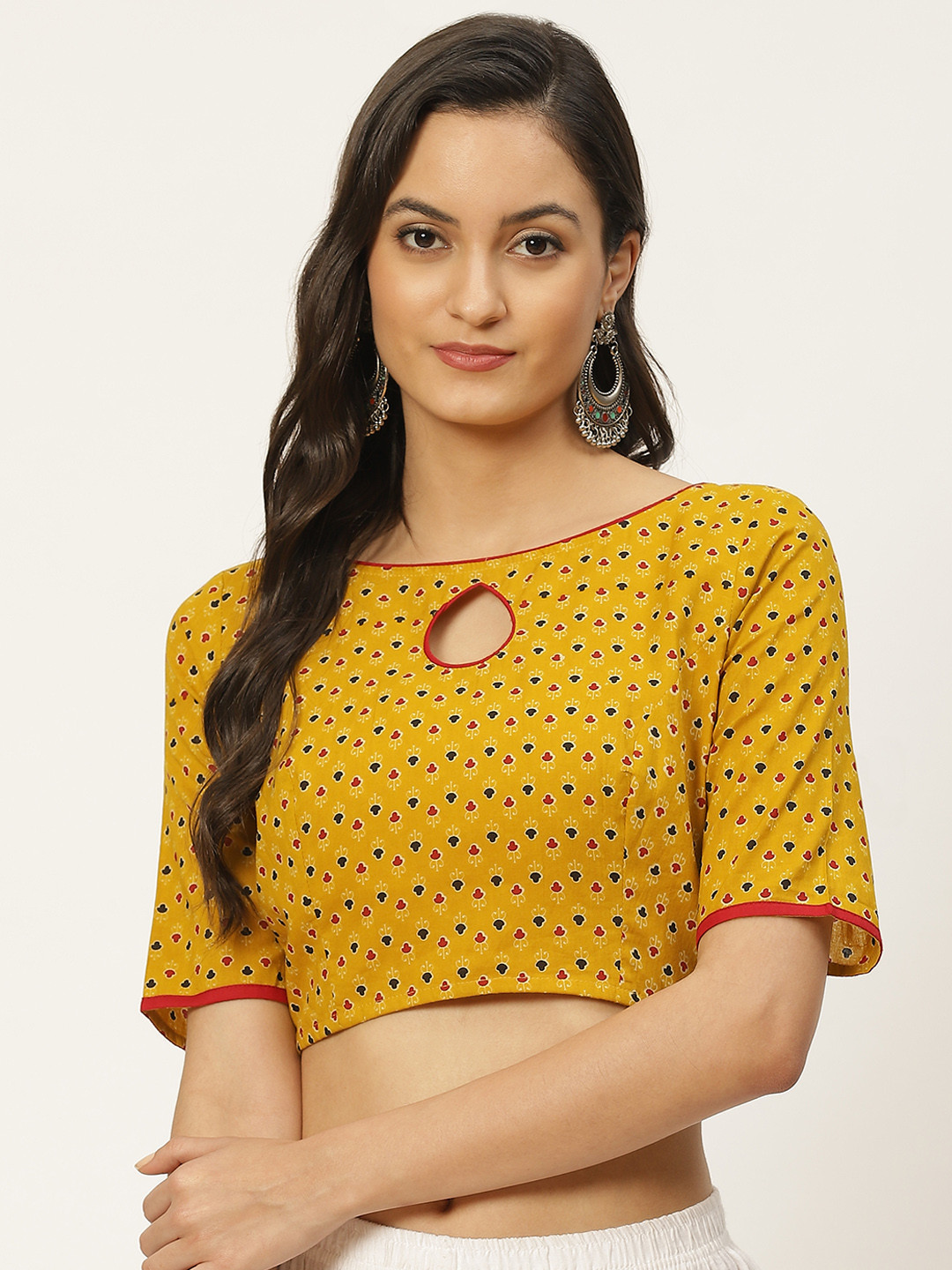 

Studio Shringaar Mustard yellow & Blue Block Print Readymade Saree Blouse