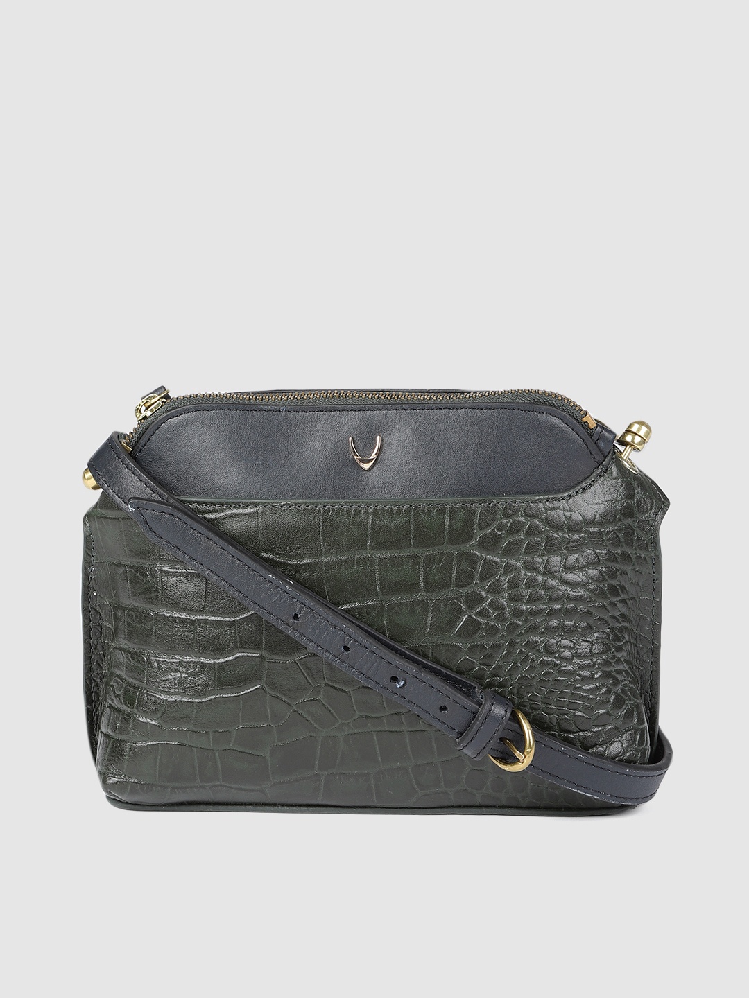 

Hidesign Green & Navy Blue Animal Textured Leather Sling Bag