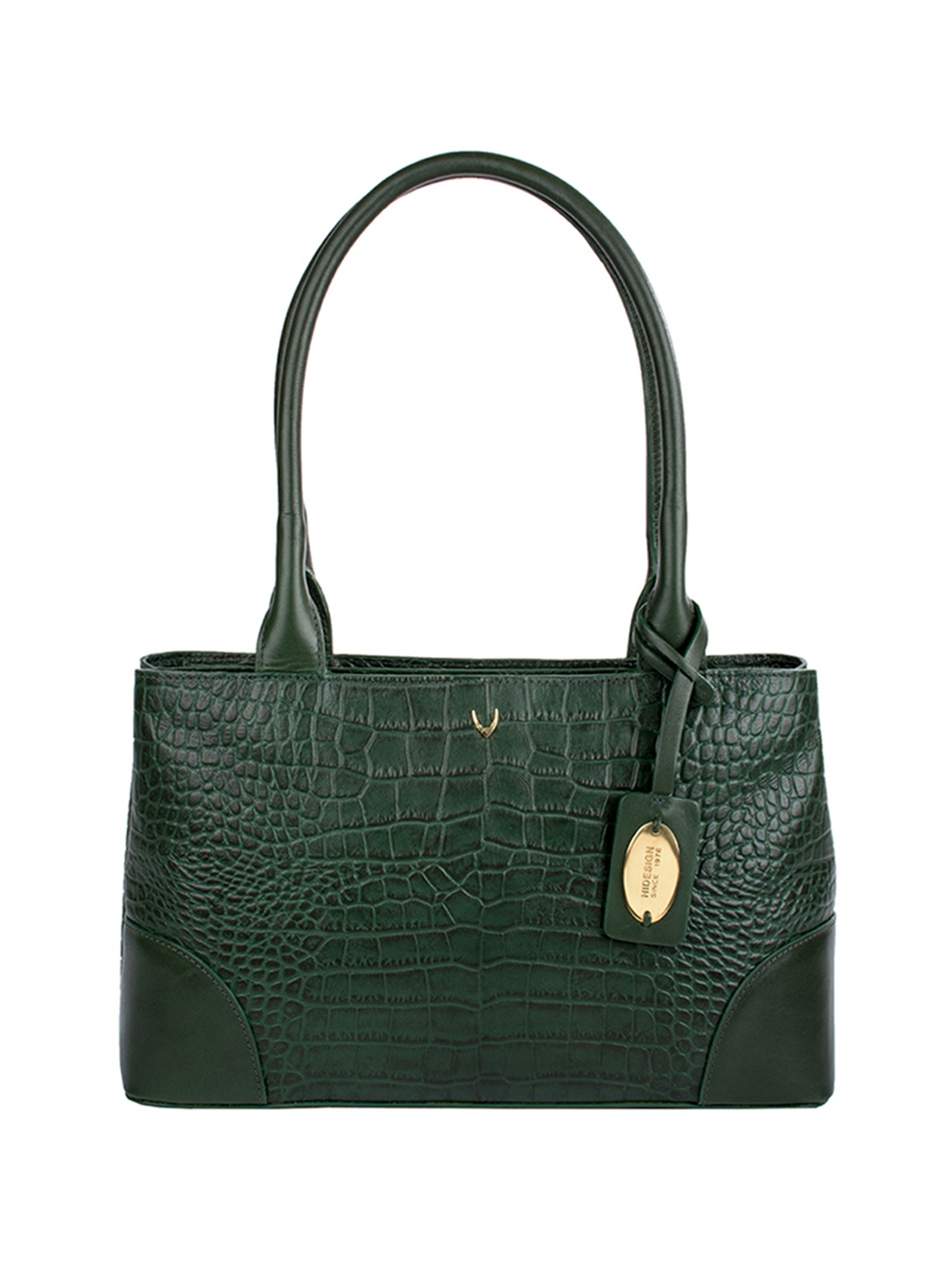 

Hidesign Green Croc Textured Leather Shoulder Bag