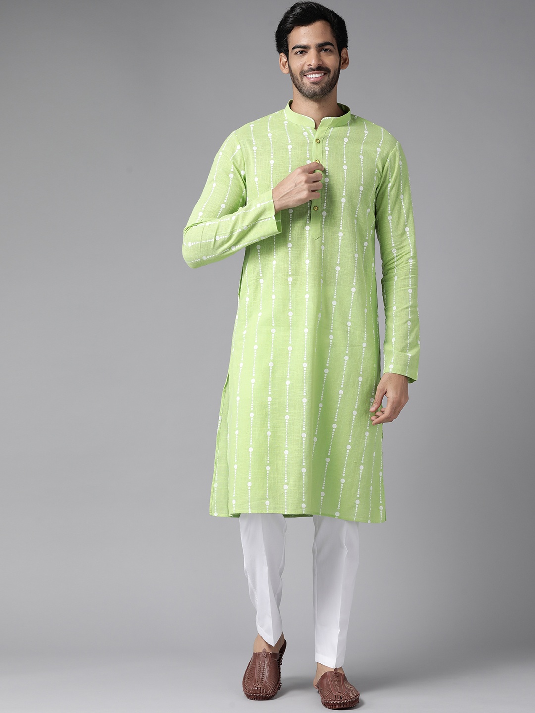 

See Designs Men Lime Green & White Pure Cotton Printed Kurta with Pyjamas