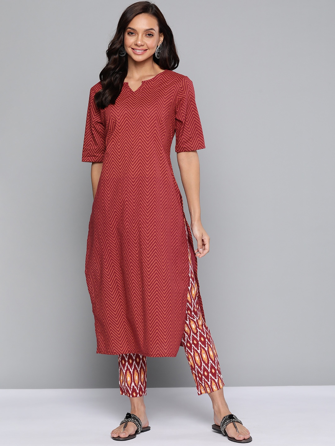 

HERE&NOW Women Maroon Printed Pure Cotton Kurta with Trousers
