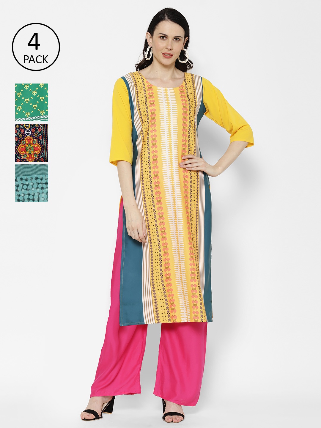 

7Threads Multicoloured Ethnic Motifs Printed Crepe Kurta Pack of 4, Multi