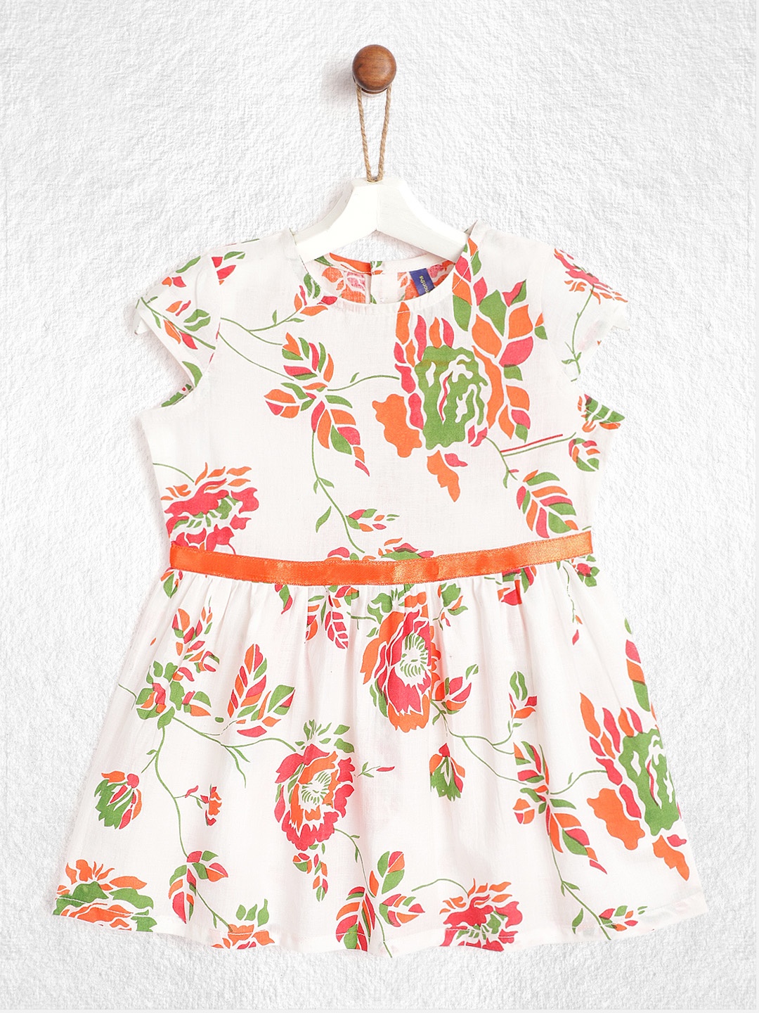 

YK Infant Girls Off-White & Red Orange Floral Print A-Line Cotton Dress