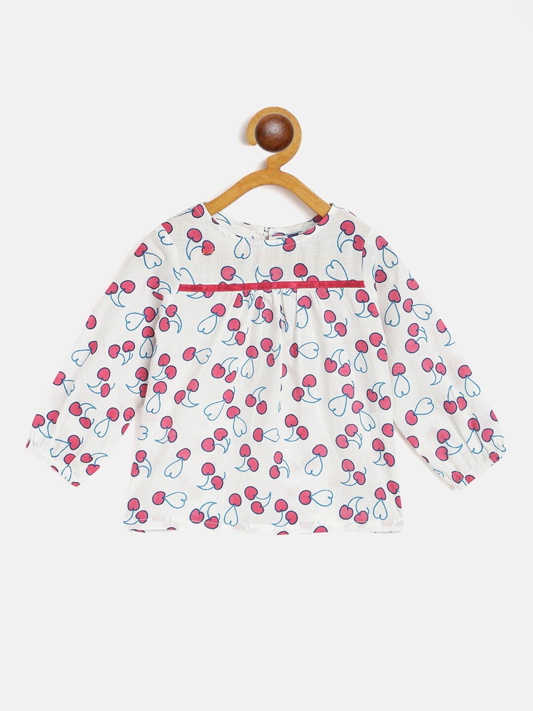 

YK Infant Girls White & Pink Cherries Print Pure Cotton A-Line Top with Gathers