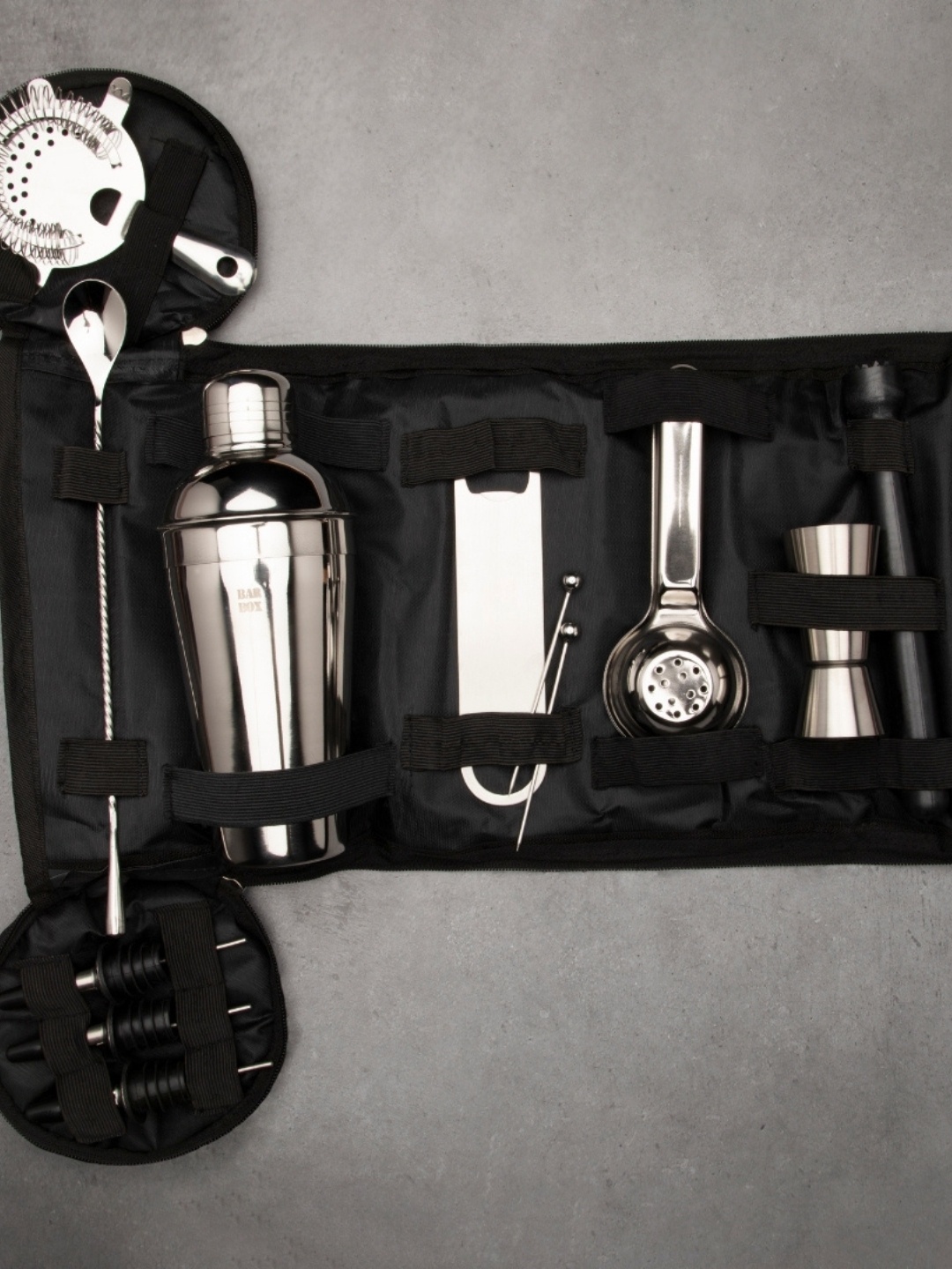 

BAR BOX Steel-Toned Portable Cocktail Travel Kit Bag