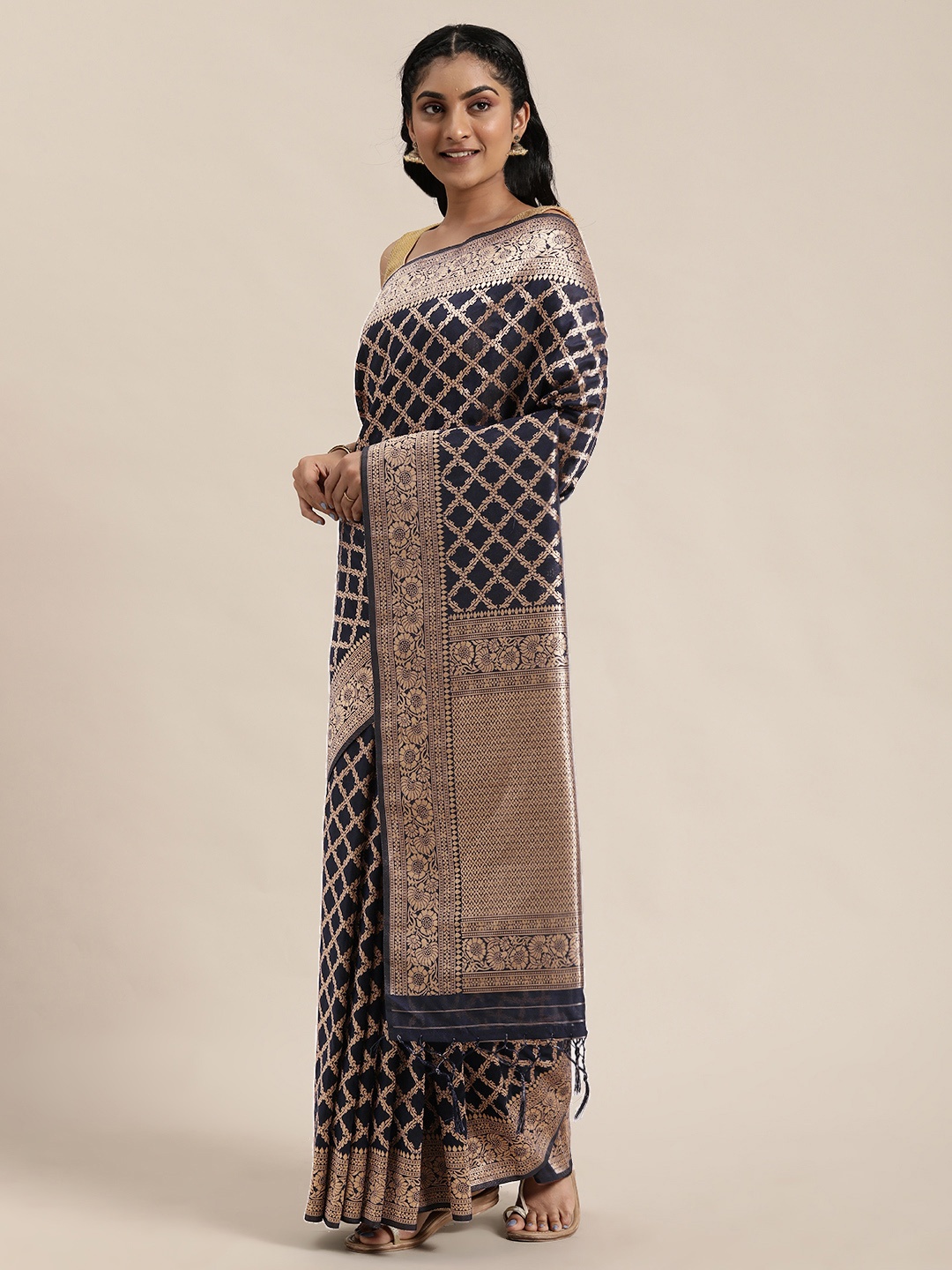 

Soch Navy Blue & Gold-Toned Woven Design Saree