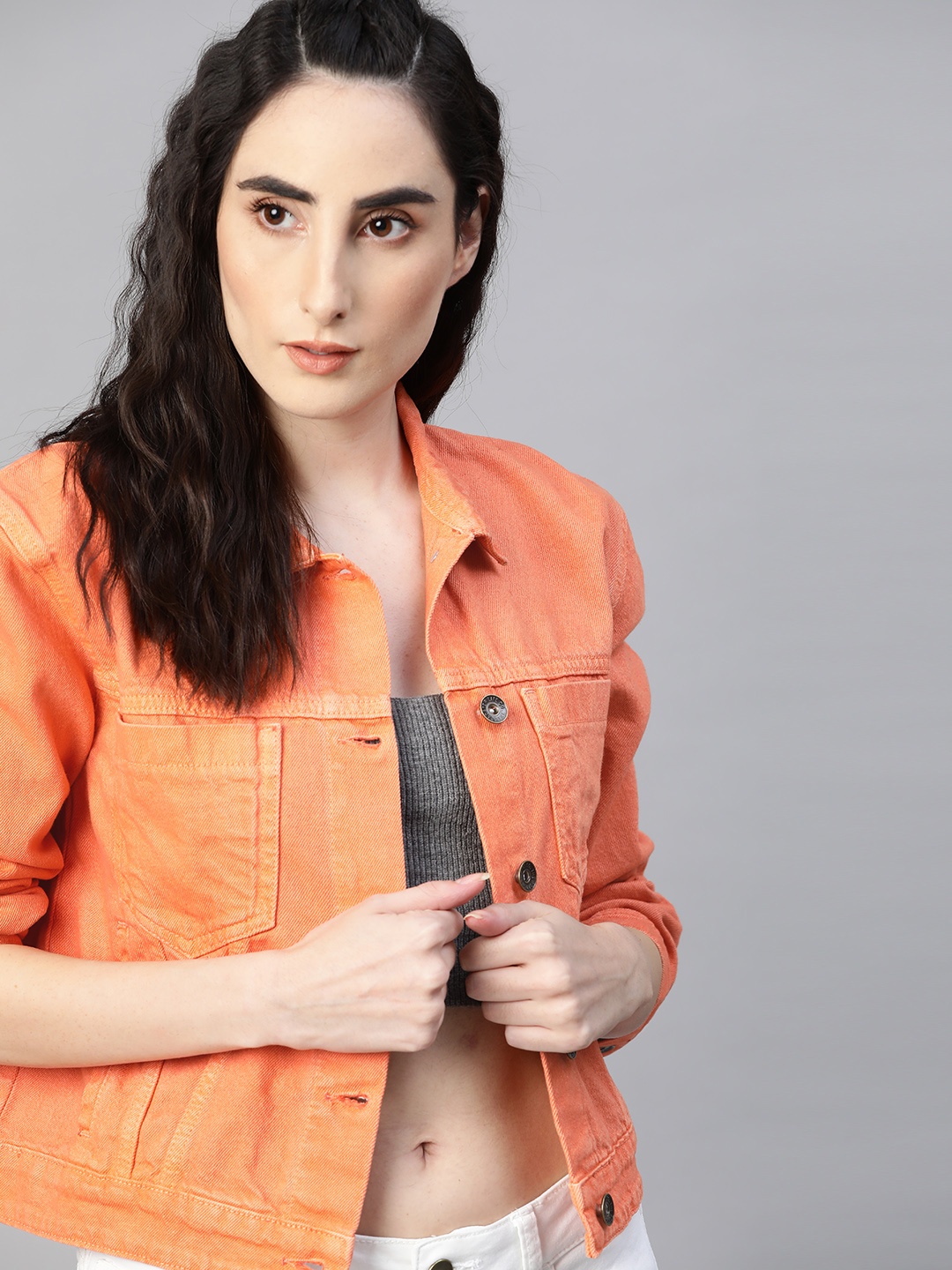 

Roadster Women Orange Pure Cotton Solid Crop Denim Jacket