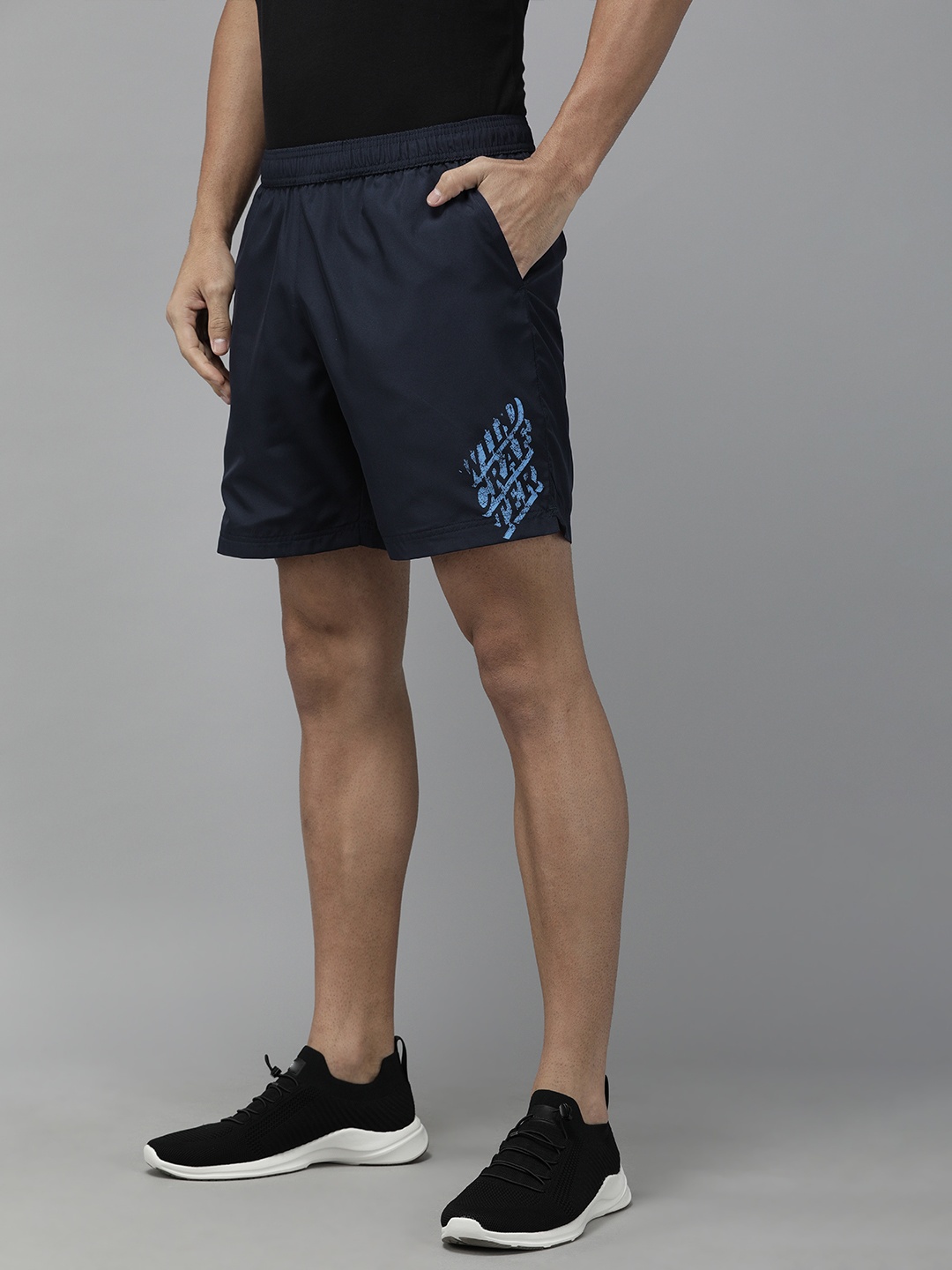 

Wildcraft Men Navy Blue Solid Regular Fit Active Sports Shorts with Printed Detail