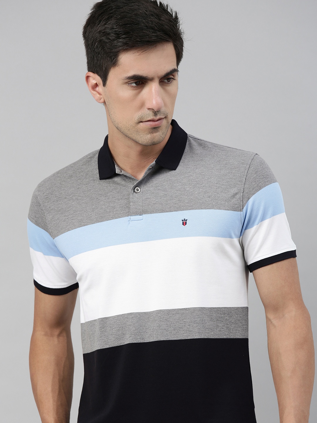 

Louis Philippe Sport Men Grey White Colourblocked Polo Collar Pure Cotton T-shirt
