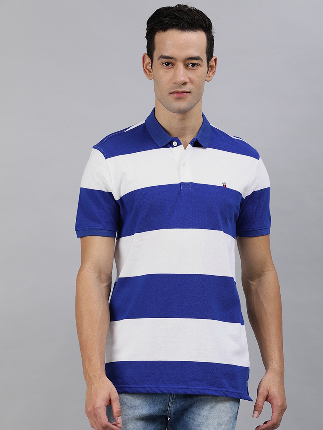 

Louis Philippe Sport Men White Blue Striped Polo Collar Pure Cotton T-shirt