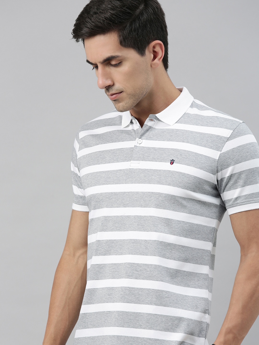 

Louis Philippe Sport Men Grey White Striped Polo Collar Pure Cotton T-shirt