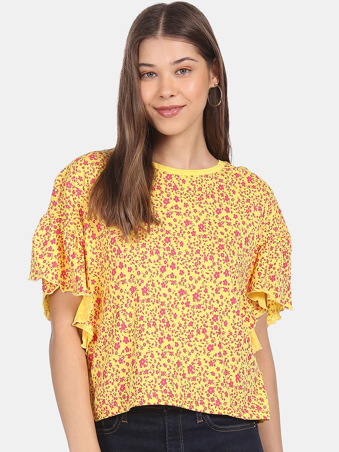 

Sugr Yellow Butterfly Sleeve Floral Print Top