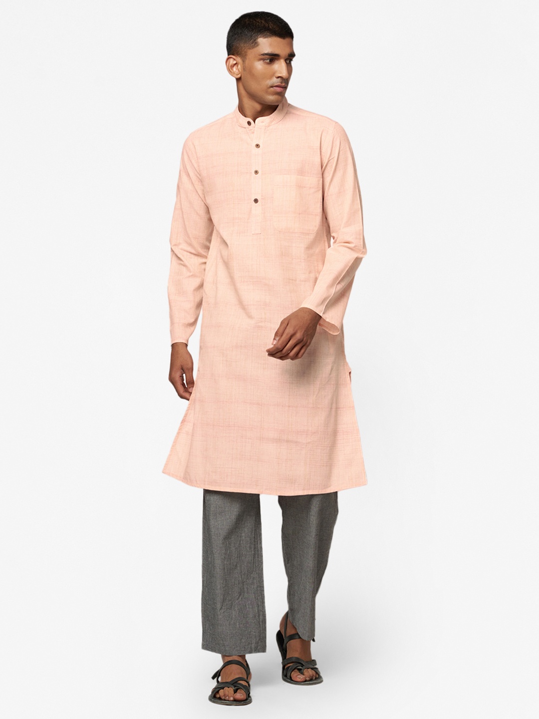 

Fabindia Men Cream-Coloured & Red Slim Fit Woven-Design Straight Kurta