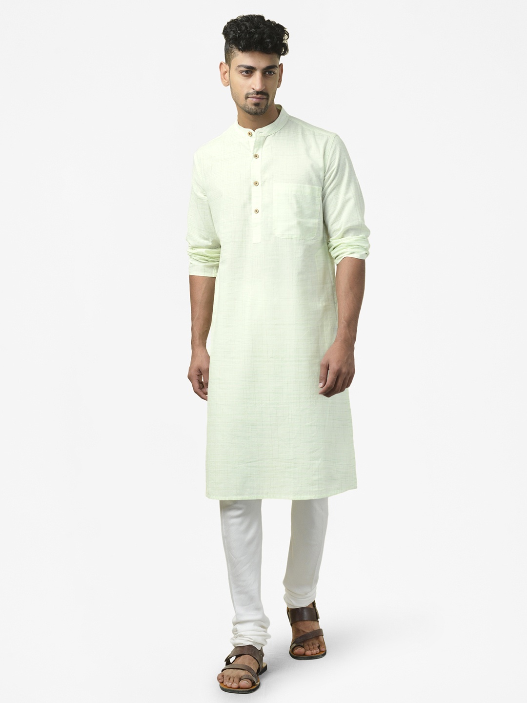 

Fabindia Men Sea Green Cotton Nagari Slim Fit Woven-Design Straight Kurta