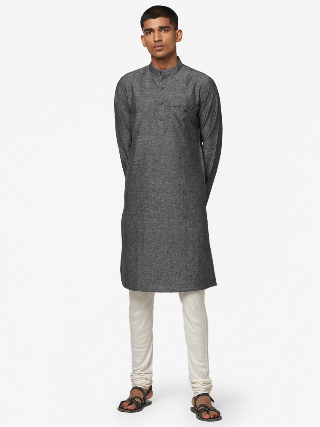 

Fabindia Men Charcoal Grey Slim Fit Cotton Slub Woven Design Straight Kurta