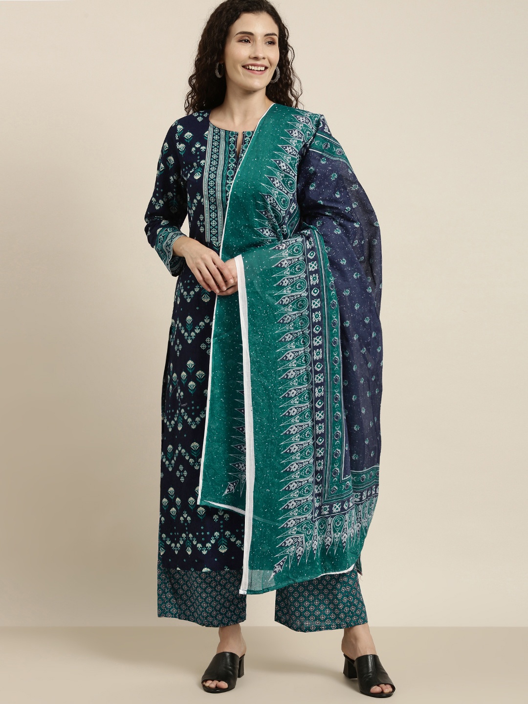 Vishudh Women Navy Blue Printed Kurta with Palazzos & Dupatta