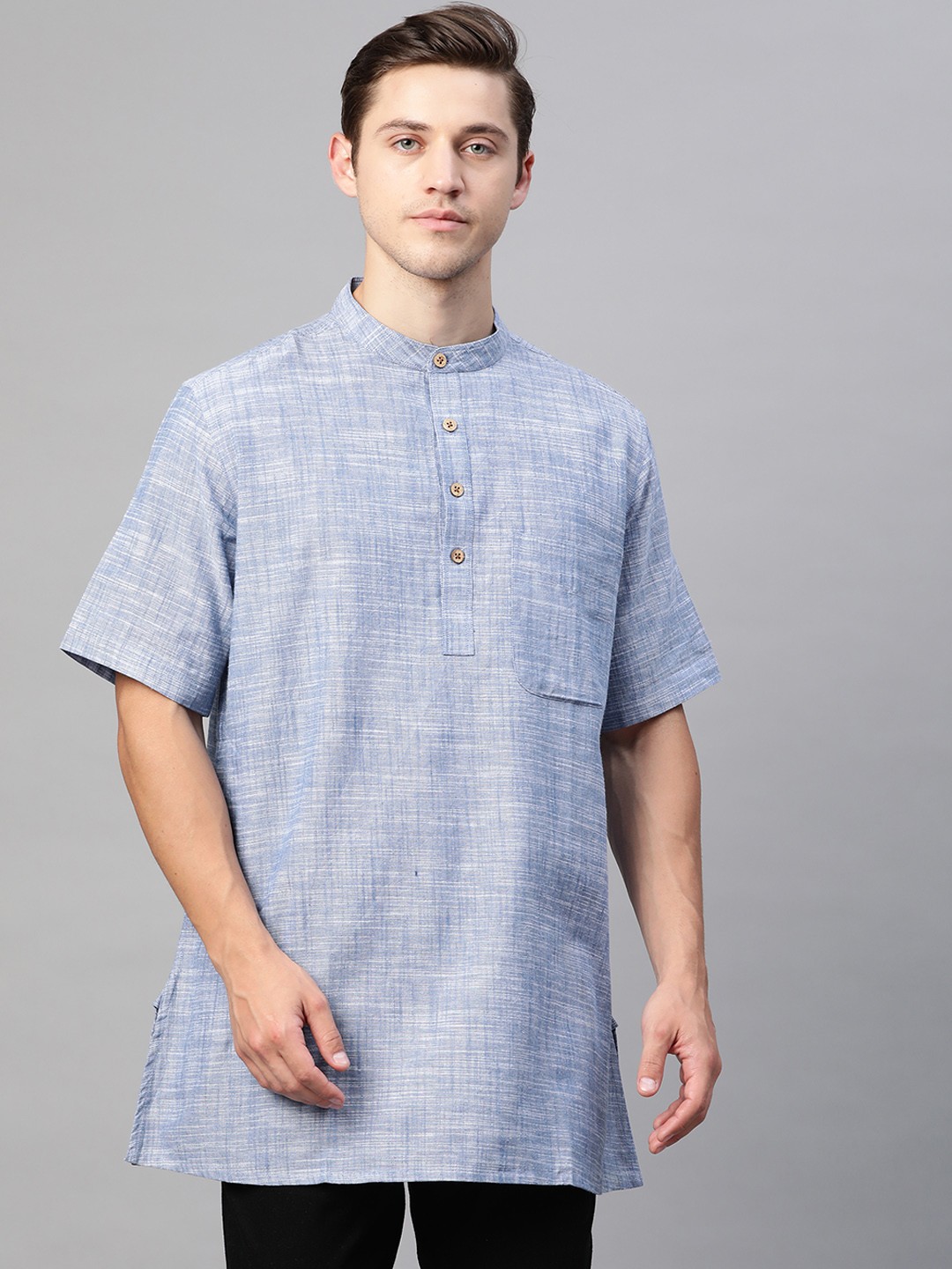 

Fabindia Men Blue Slub Effect Cotton Short Kurta