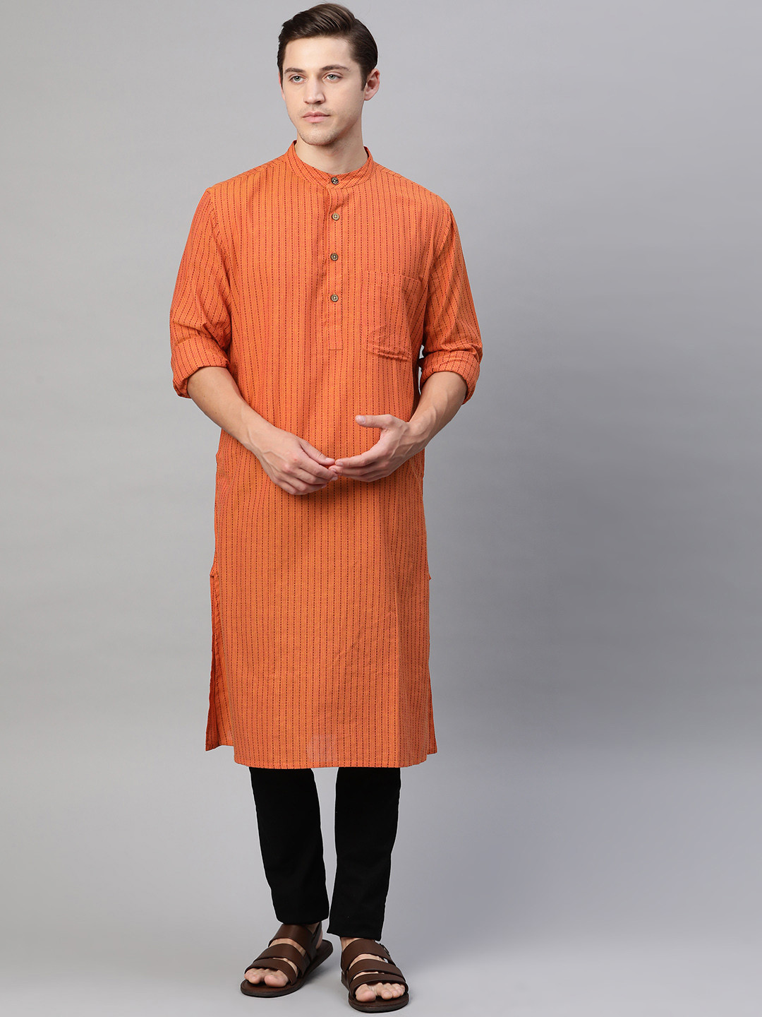 

Fabindia Men Rust Orange Striped Thread Work Cotton Kurta