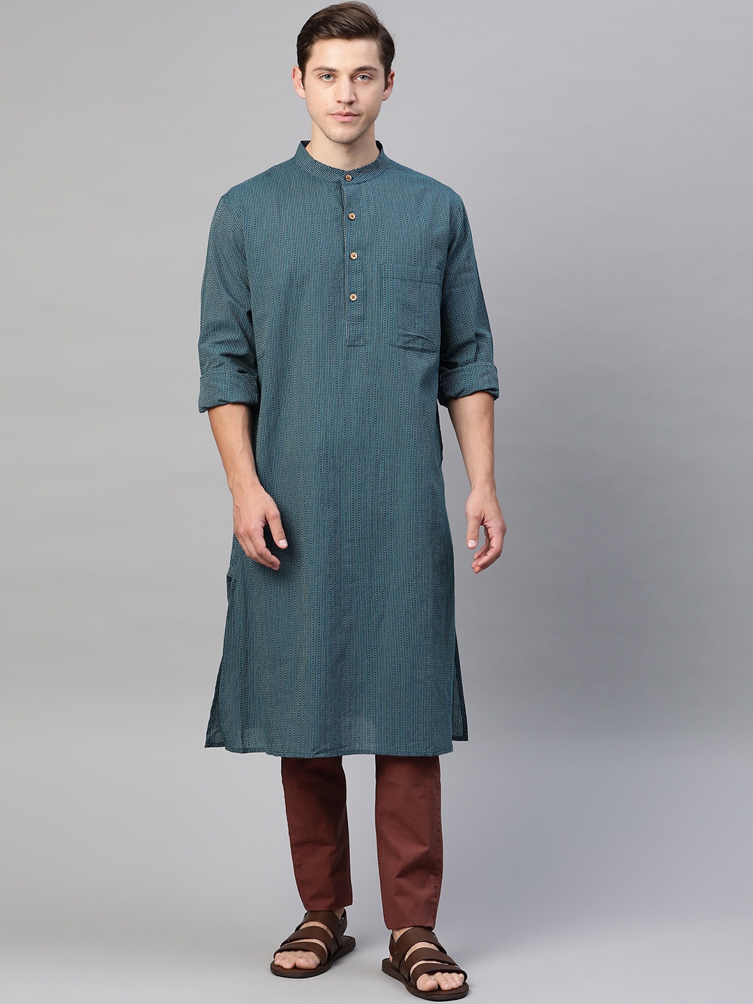 

Fabindia Men Teal Blue & White Striped Thread Work Indigo Cotton Kurta