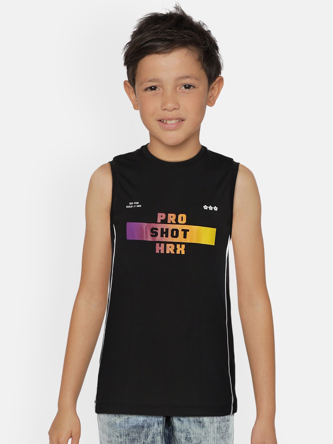 

HRX By Hrithik Roshan U-17 Boys Jet Black Printed Anti-Static Rapid-Dry Basketball Tshirt