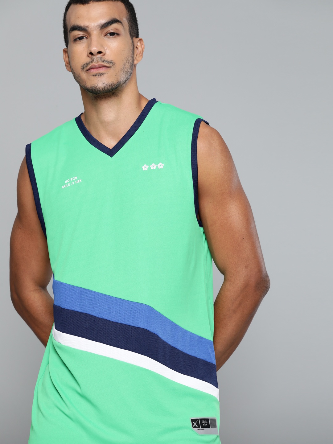 

HRX by Hrithik Roshan Men Green & Blue Striped Anti-Static Rapid-Dry Basketball T-shirt