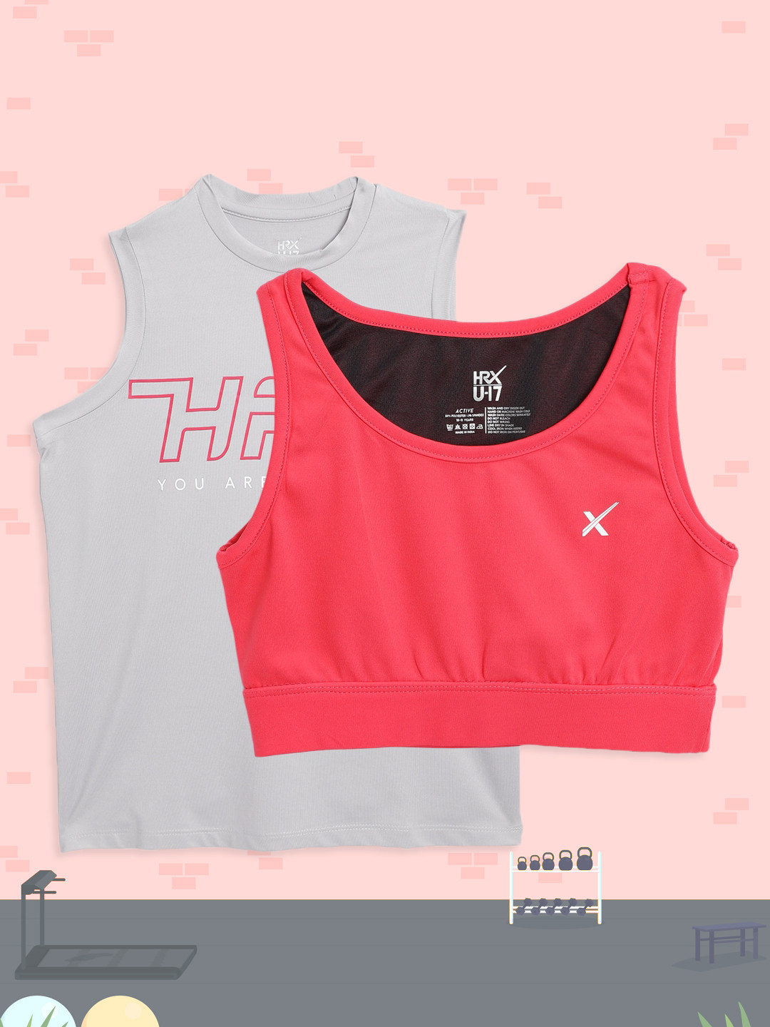 

HRX By Hrithik Roshan U-17 Girls Pack of Lilac Hint Print Rapid-Dry Tshirt & Sports Bra, Lavender