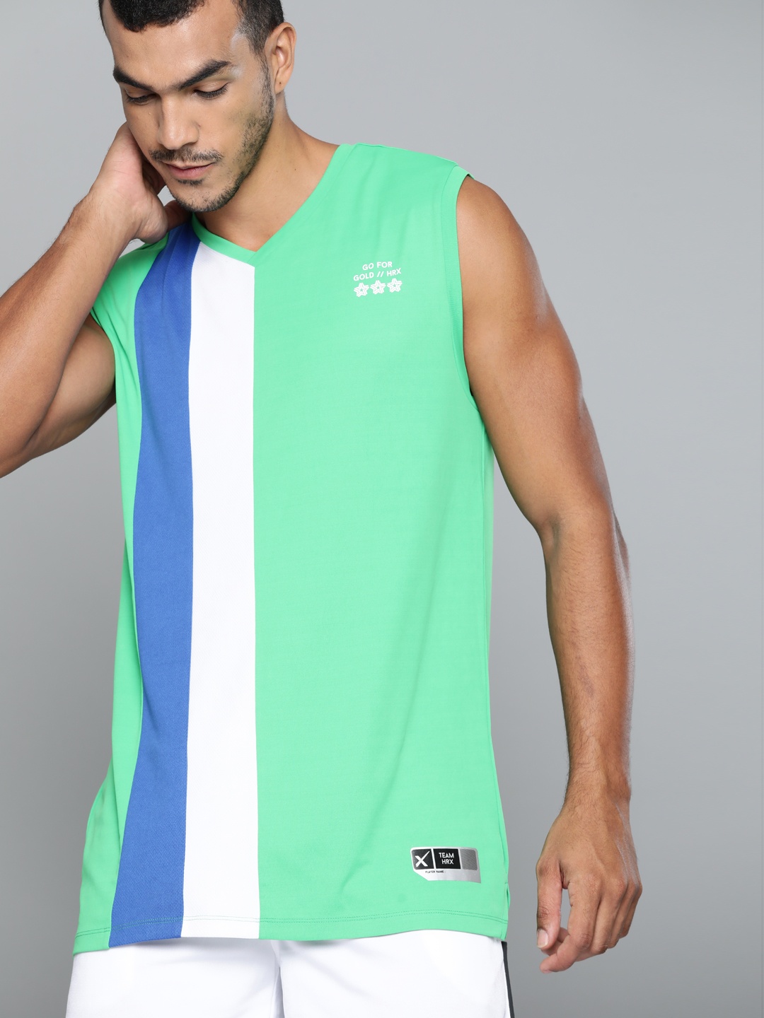 

HRX By Hrithik Roshan Men Kelly Green Colourblock Anti-Static Rapid-Dry Basketball Tshirt