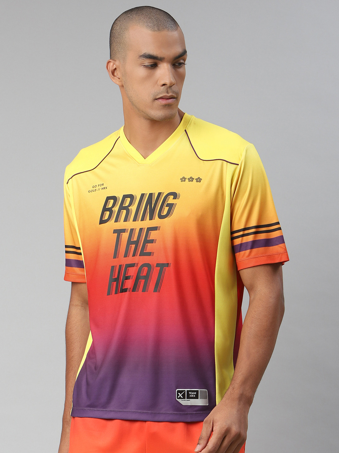 

HRX By Hrithik Roshan Men Orangeade AOP Anti-Static Rapid-Dry Basketball T-shirt, Mustard
