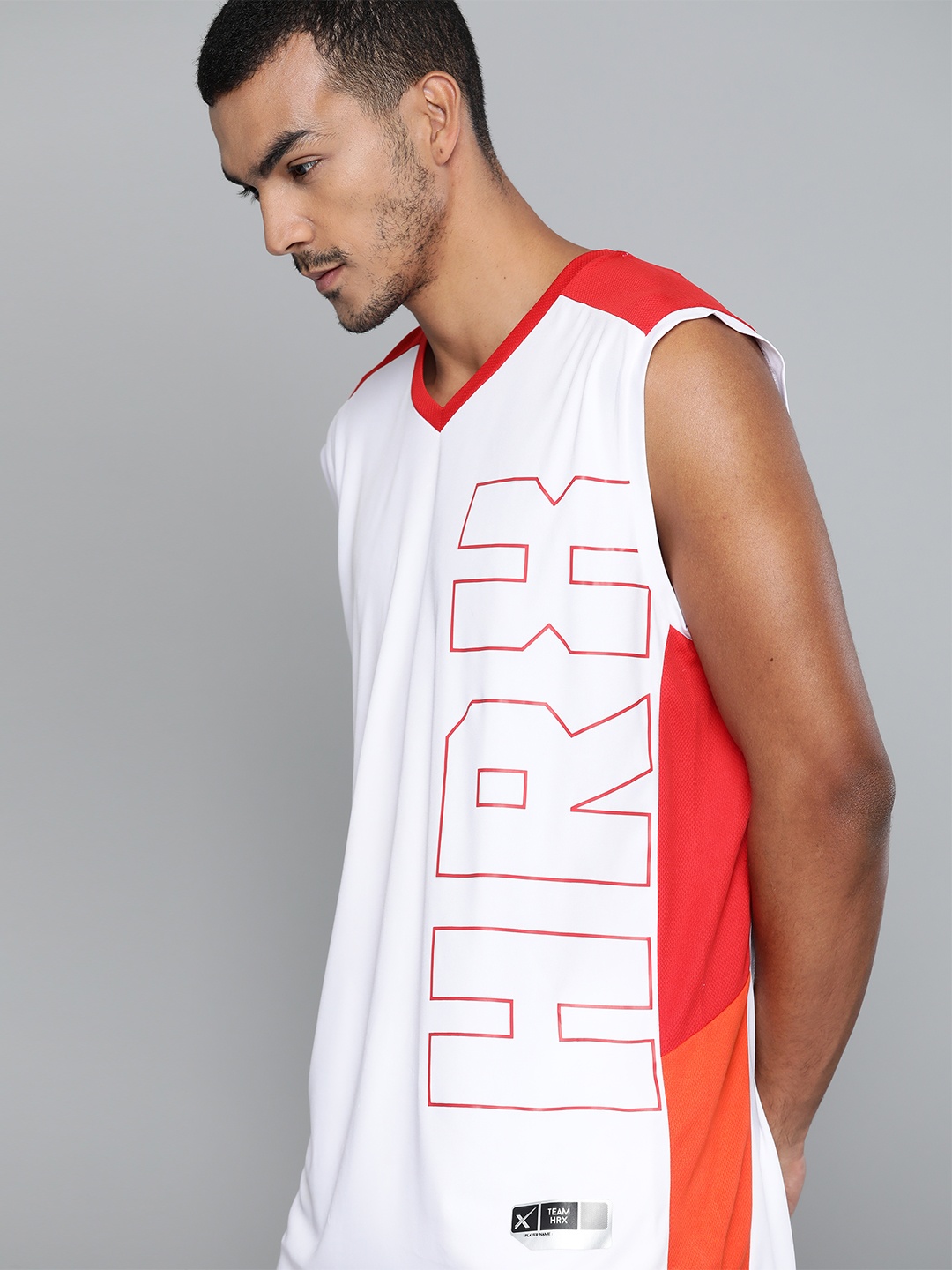 

HRX by Hrithik Roshan Men White & Red Printed Anti-Static Rapid-Dry Basketball T-shirt
