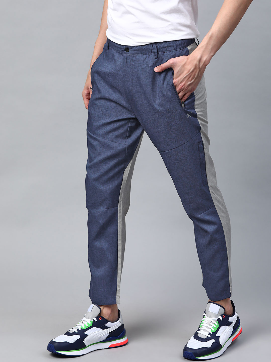 

HRX By Hrithik Roshan Men Navy & Grey Colourblock Regular Fit Rapid-Dry Lifestyle Trousers, Navy blue