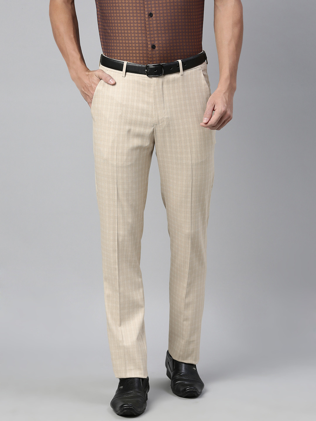 

Louis Philippe Permapress Men Beige Slim Fit Checked Formal Trousers