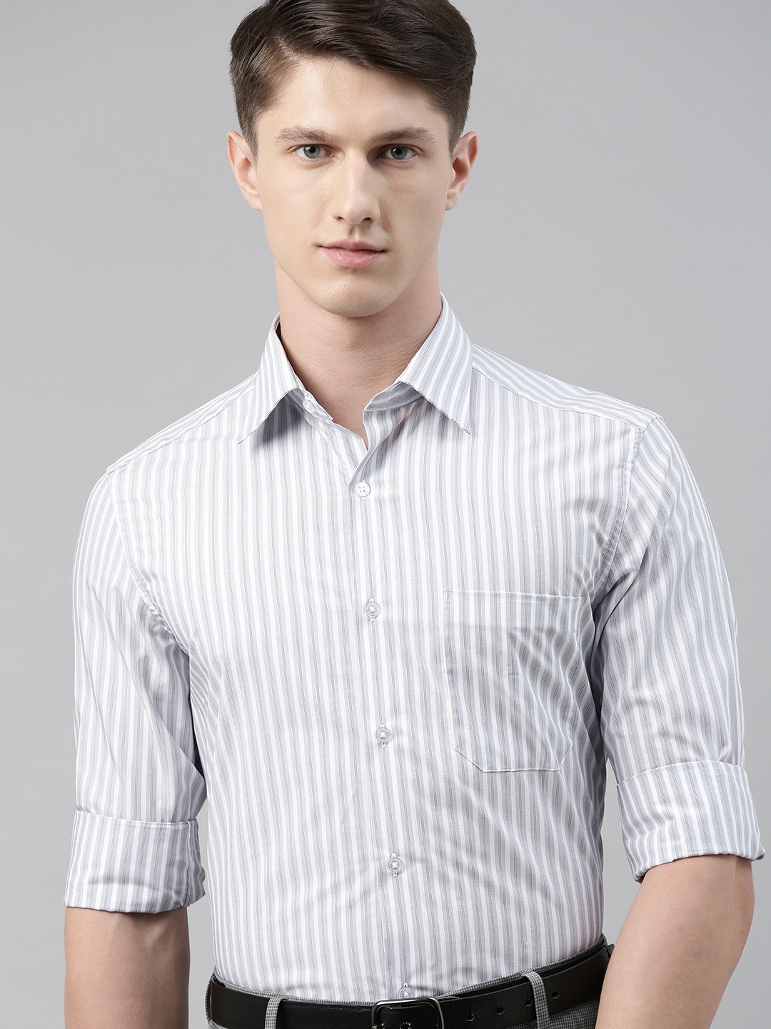 

Louis Philippe Men Grey & White Regular Fit Striped Formal Shirt