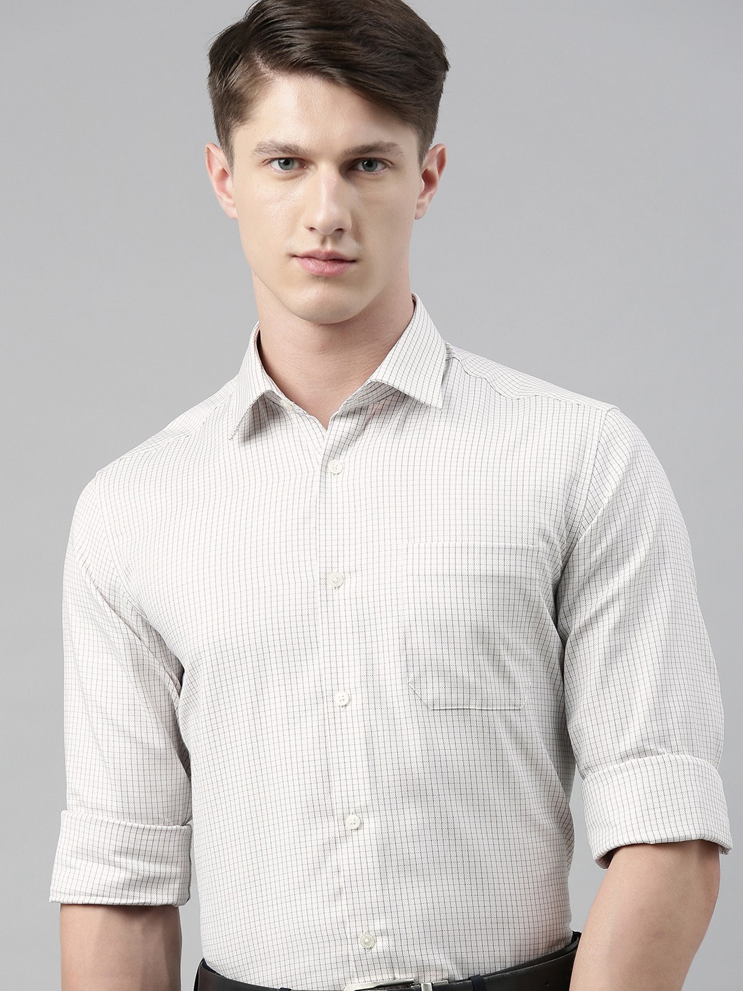 

Louis Philippe Men Beige & Black Slim Fit Checked Formal Shirt